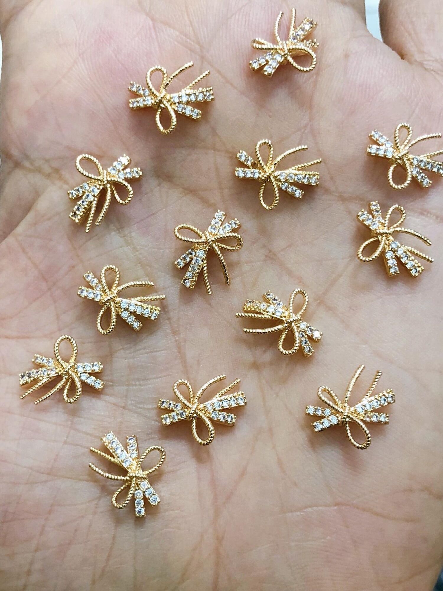 Charm nơ trang trí đính móng, phụ kiện nail hình nơ nail, Charm nơ vàng đính đ
