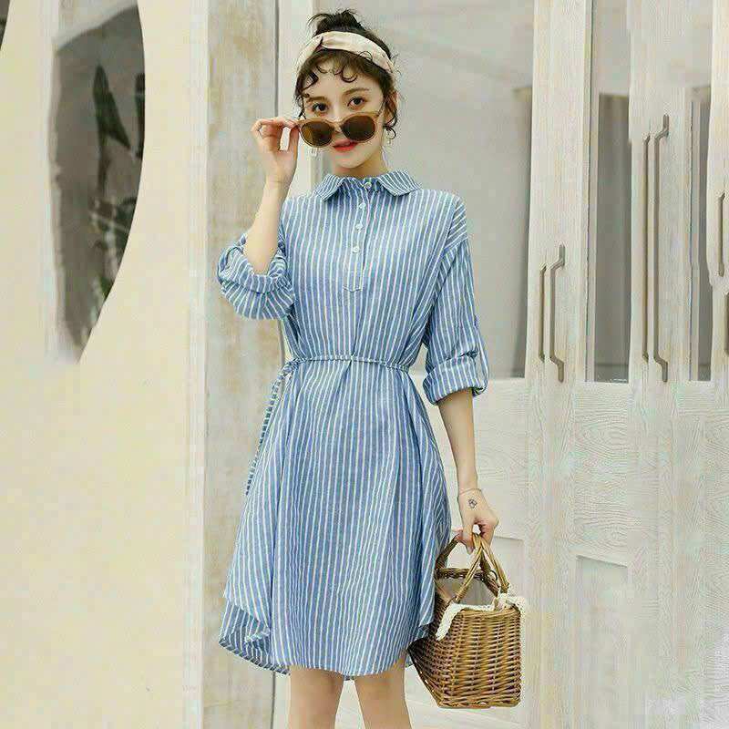 ĐẦM SỌC XÒE CỔ SƠ MI EO RÚT