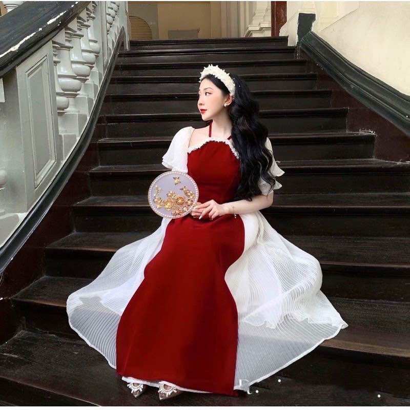 Set áo dài nhung cổ yeems váy trắng voan