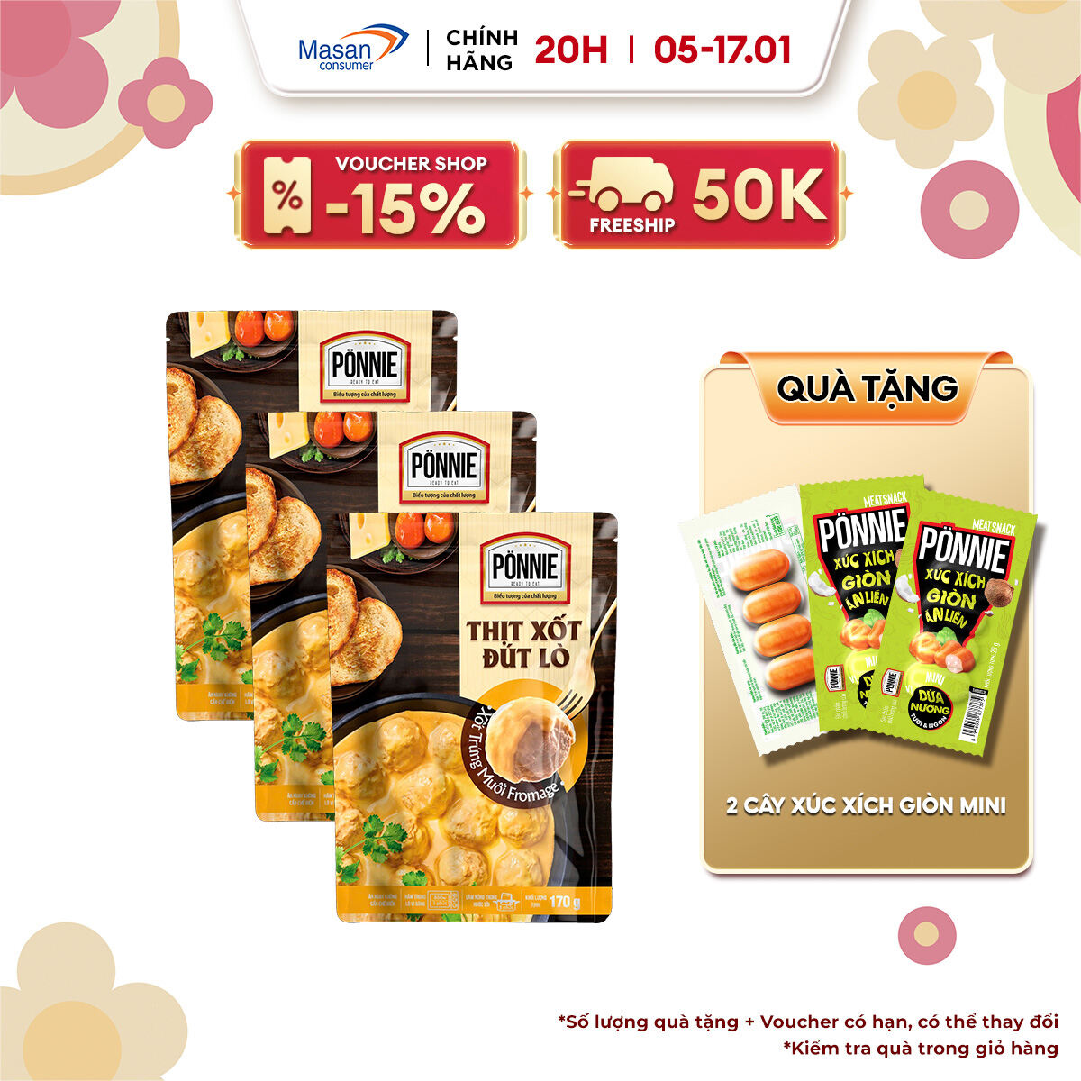 Combo 3 Thịt Xốt Đút Lò Ponnie - Xốt Trứng Muối Fromage 3 gói x 170g