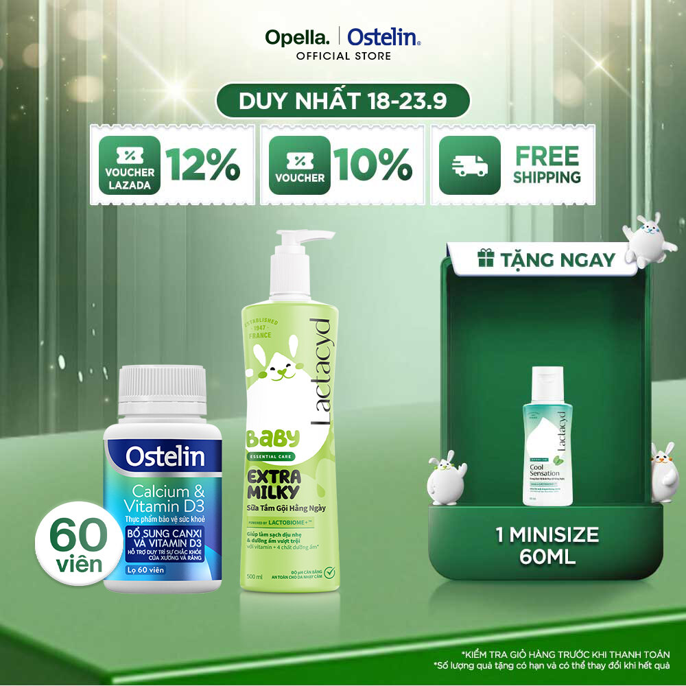 Ostelin Viên Uống Hỗ Trợ Bổ Sung Calcium  Vitamin D3 60 viên + Sữa Tắm Gội Trẻ Em Lactacyd Milky 500ml