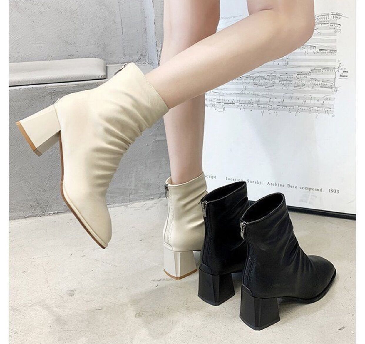 Bốt da nữ, boots nhăn gót vuông cao 5cm chất da lì lót lông trẻ trung sang trọng