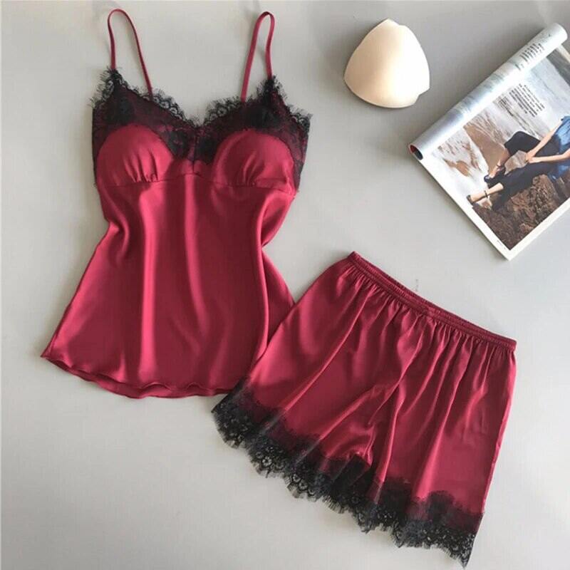 Nữ Satin Pyjama Set Cổ Chữ V Phối Ren Babydoll Nơ Quần Short Ngủ Gợi Cảm Đồ Ngủ Thời Trang Cho Mùa Hè