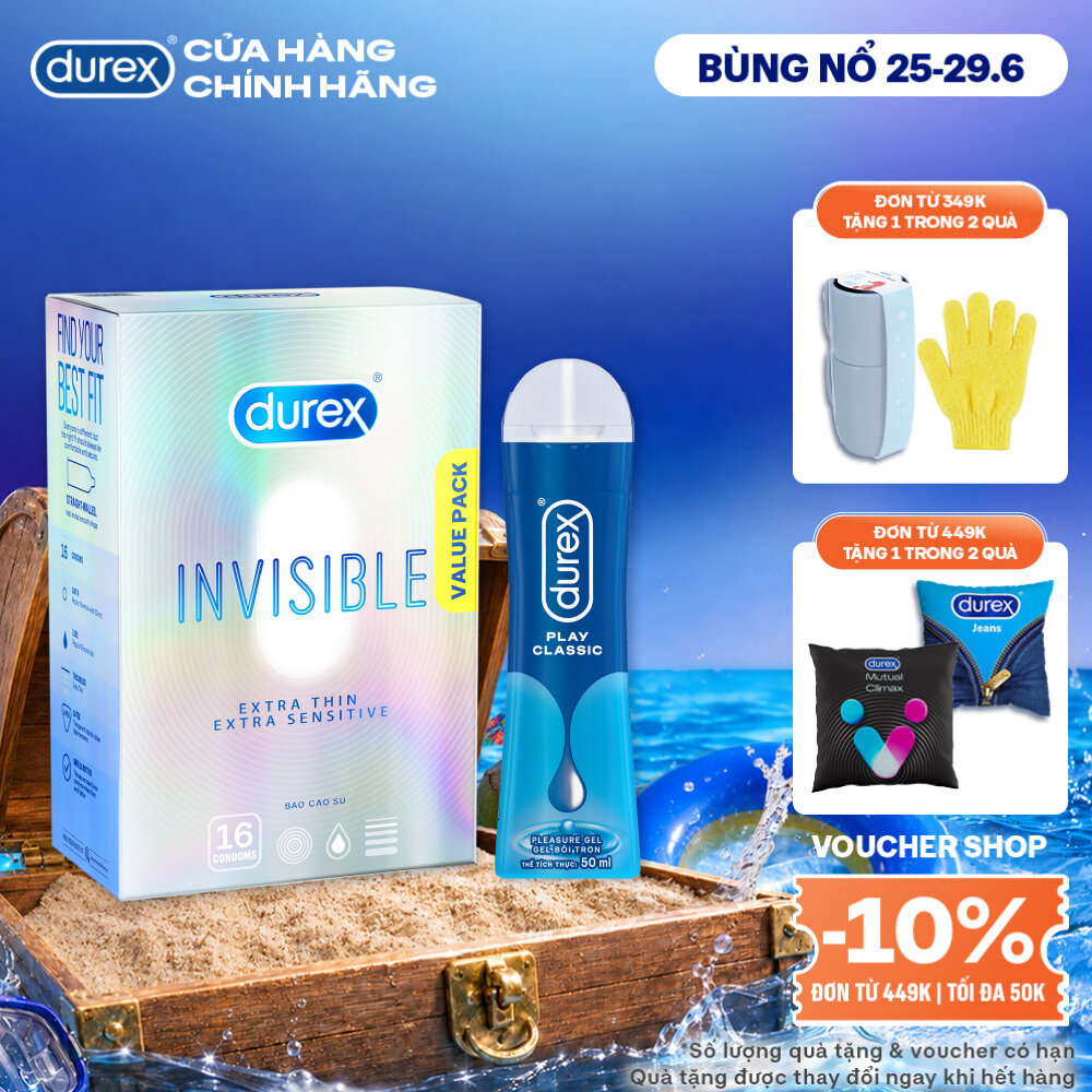 Combo Durex Invisible siêu mỏng hộp 16 bao và Gel bôi trơn Durex Play Classic chai 50ml