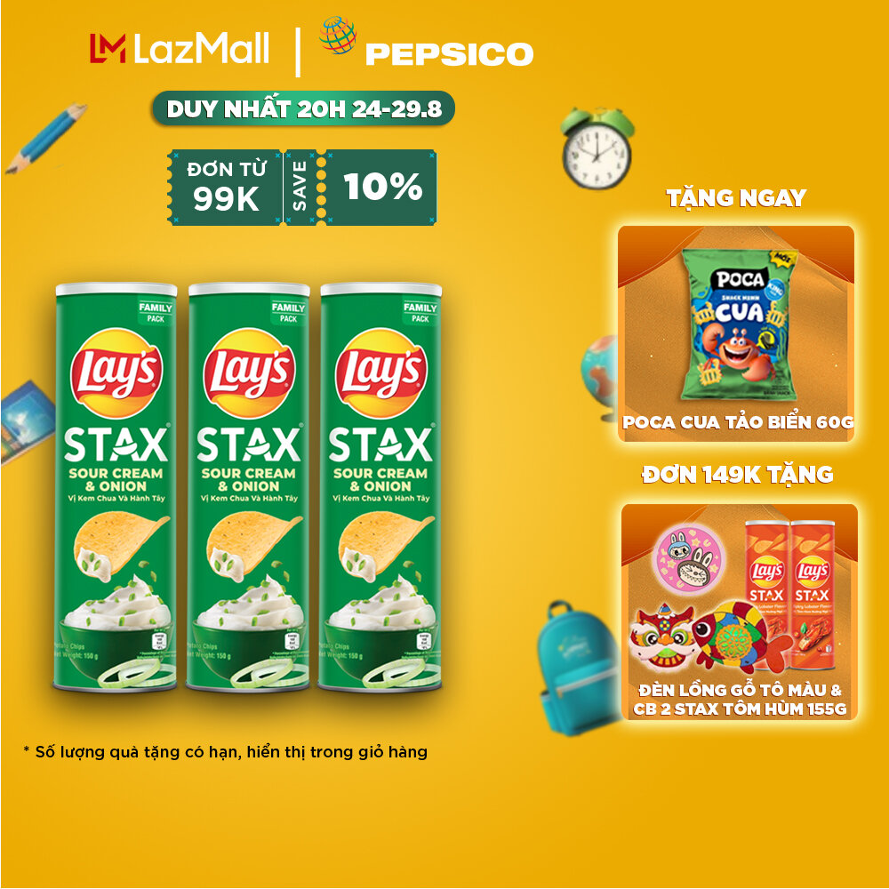 Combo 3 lay's stax khoai tây miếng vị kem chua và hành tây 155g