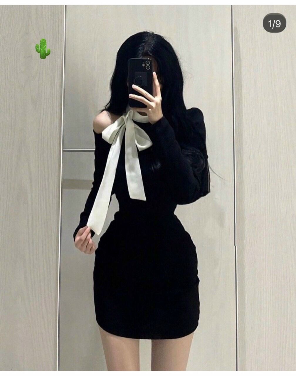 Đầm ôm gân tay dài phối nơ PC