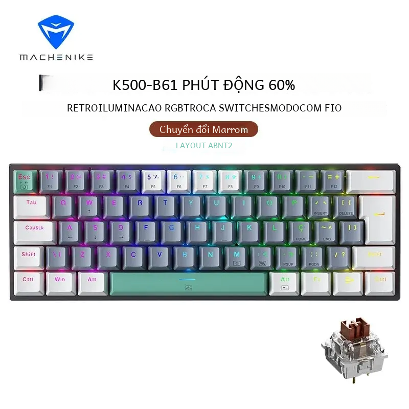 Machenike K500-B61 Mini Bàn phím cơ khí 60% abnt2 bố trí RGB đèn nền hot-swappable NKRO có dây chơi 