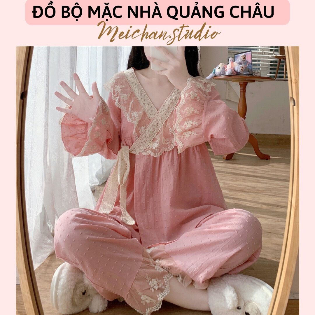 Set bộ mặc nhà tiểu thư Quảng Châu phối ren thêu cột eo xinh xắn