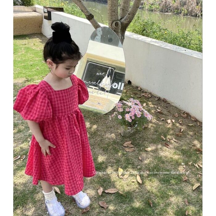 Váy tay bồng xoè nơ lưng tiểu thư bé gái