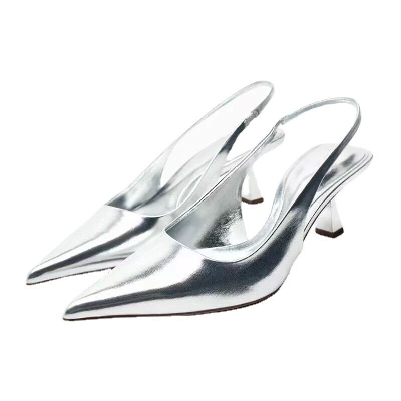 Guốc zra nữ mũi nhọn bạc đế cao 5cm ( hàng sẵn)