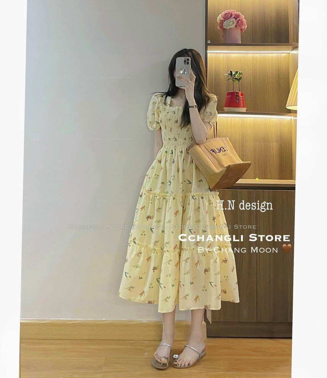 ĐẦM XINH HOA NHÚN CỔ VUÔNG BG