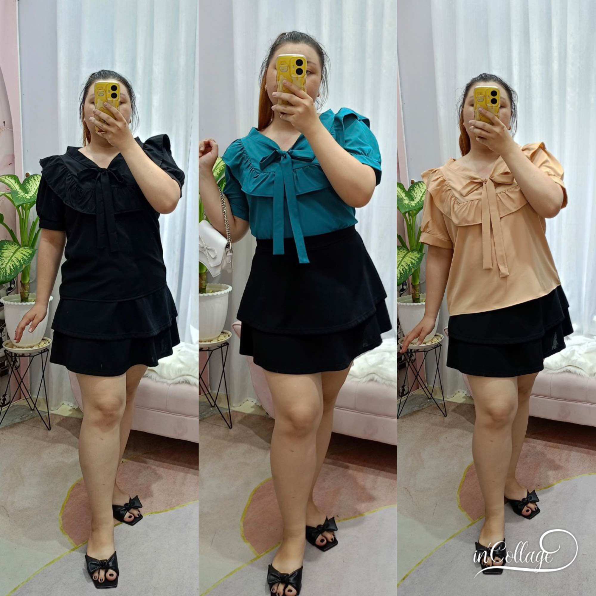 Áo sơ mi kiểu cột nơ ngực bigsize nữ