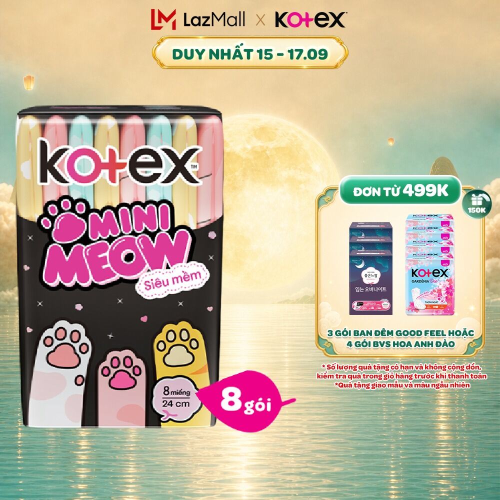 Combo 8/Combo 16 gói Băng vệ sinh Kotex MiniMeow Siêu mềm siêu mỏng cánh (8 miếng/gói)