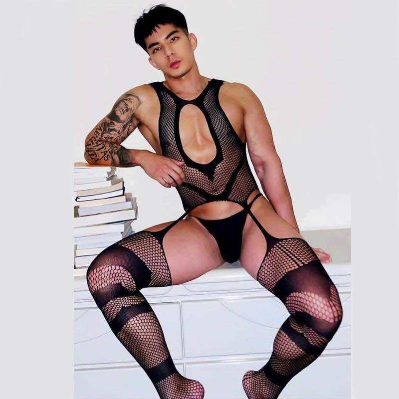 Bộ đồ Jumpsuit gợi cảm dạng lưới bó sát cơ thể dành cho nam cực kì sexy,  cực thích các bạn nam