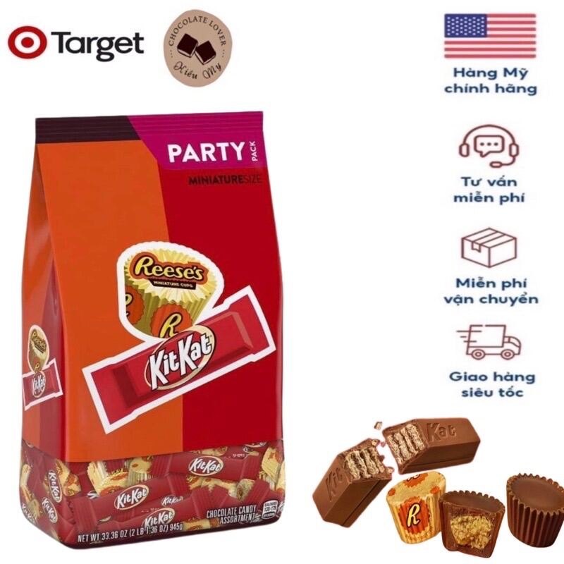 Date 07 23 Kẹo socola Mỹ trộn Reese s nhân bơ đậu phộng và KitKat túi 945g