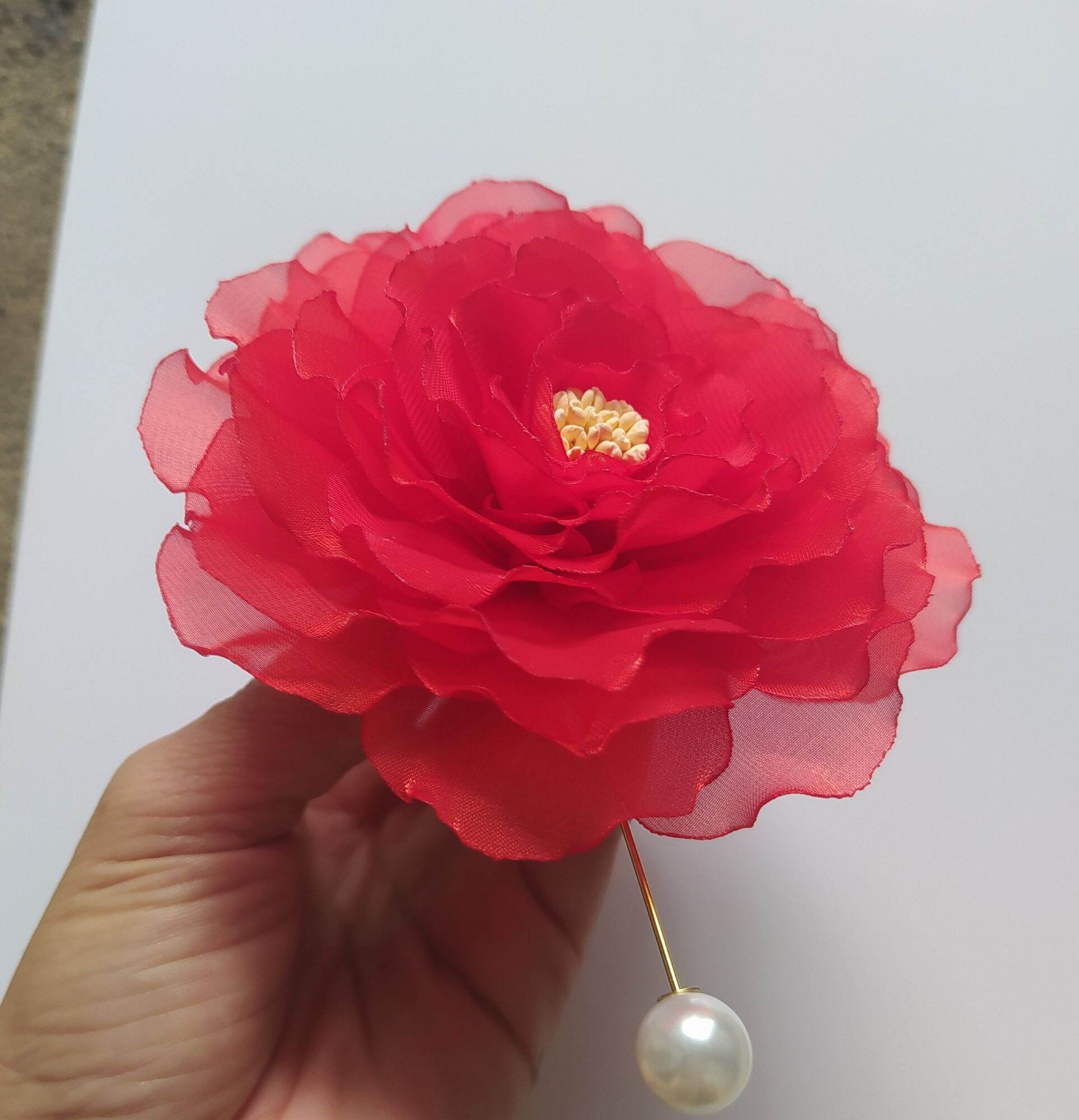 Hoa cài áo handmade cài áo Canto màu đỏ cài trâm ngọc