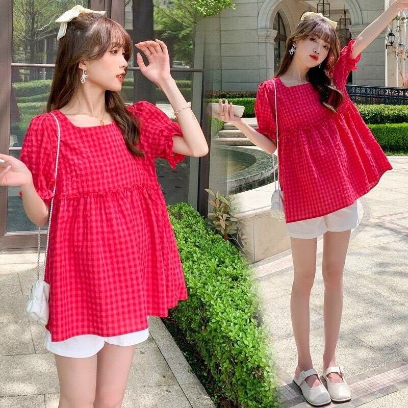 Áo bầu baby doll thời trang caro