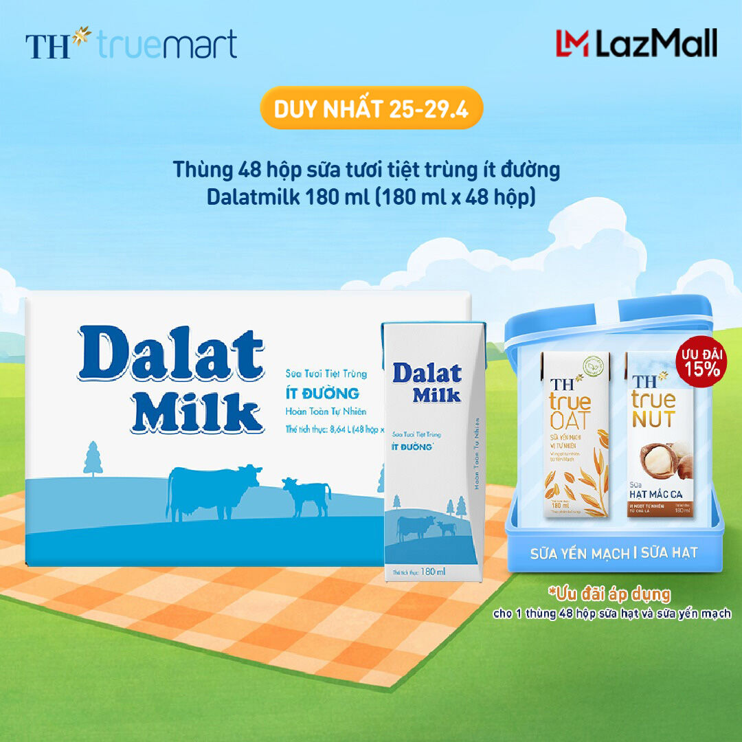 Thùng 48 hộp sữa tươi tiệt trùng Dalatmilk ít đường 180 ml (180 ml x 48)