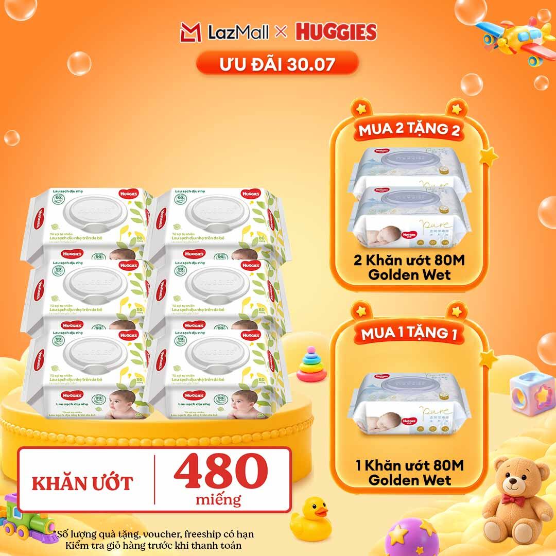 [30.7 GIẢM THÊM 90K] Combo 6 gói Khăn giấy ướt cho trẻ sơ sinh HUGGIES 80 miếng không mùi