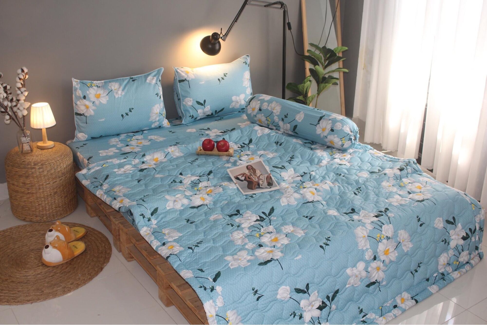 Bộ drap cotton 100%, ga giường cao cấp in logo CTY