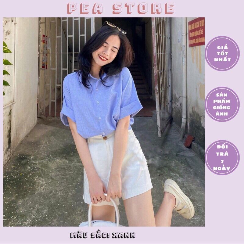 Áo sơ mi cộc tay kẻ sọc tay gập cúc lưng oversize phong cách ulzzang