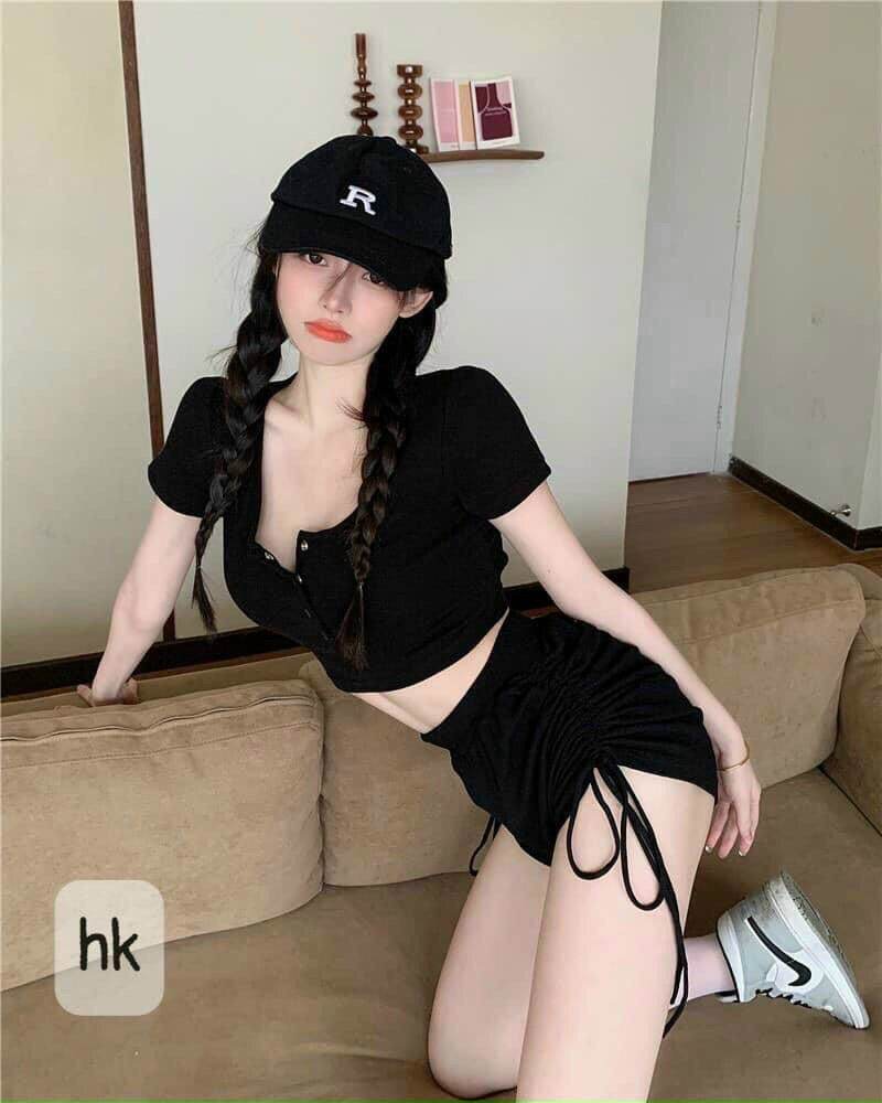 [HCM]SET Thun Gân Áo Croptop Quần Đùi Rút Dây