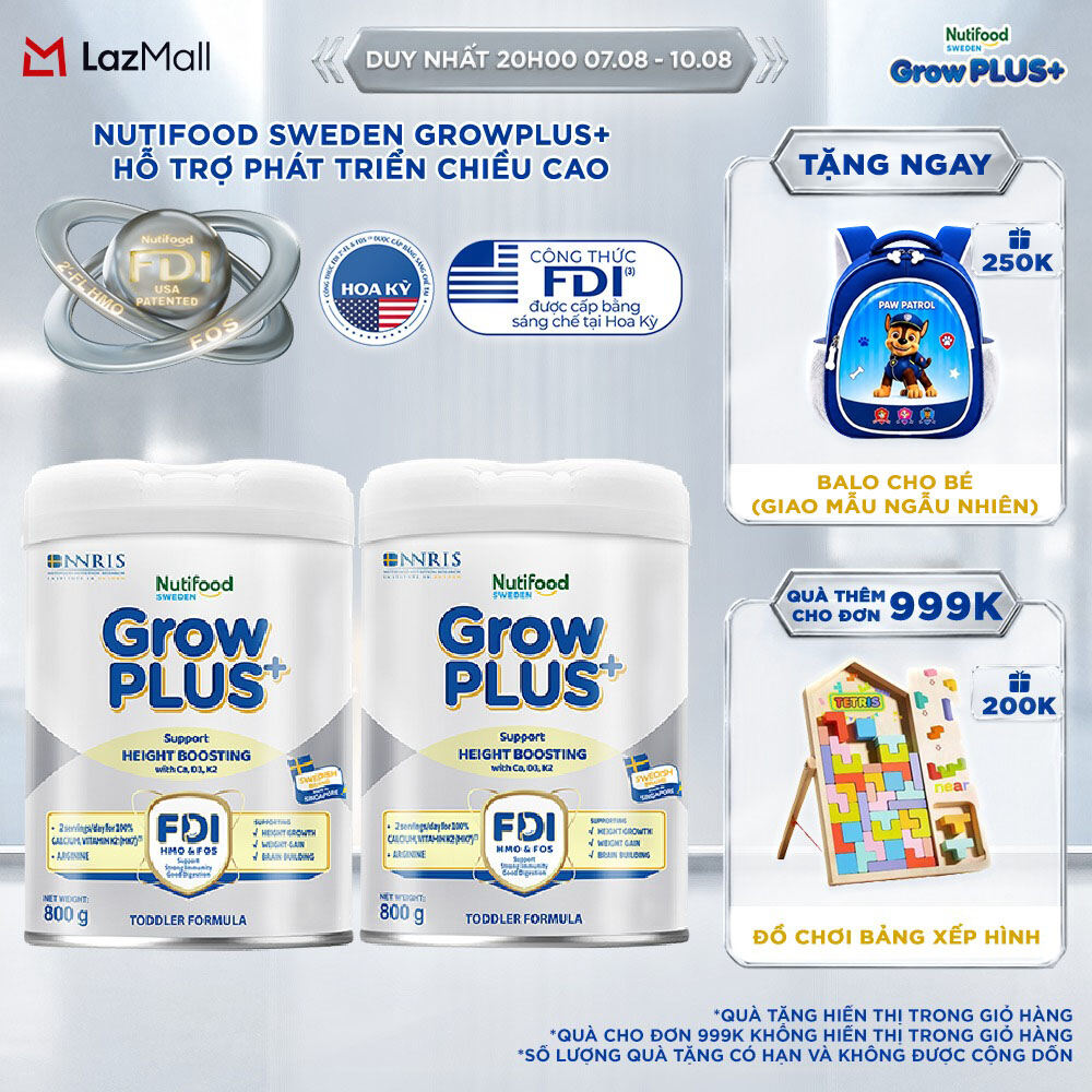 Combo 2 Sữa Bột Nutifood Sweden GrowPLUS+ Cao lớn vượt trội - Hỗ trợ phát triển chiều cao (Bạc) 800g
