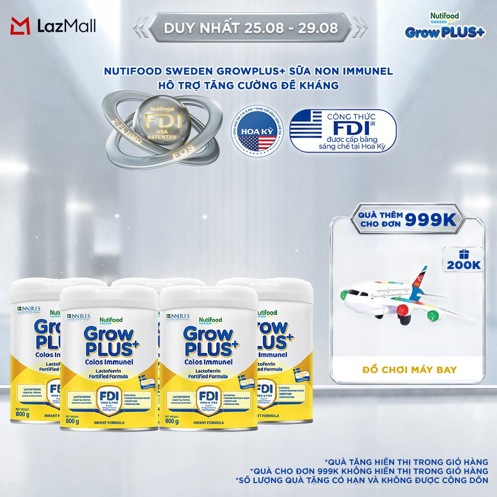 Combo 5 Sữa Bột Nutifood Sweden GrowPLUS+ Sữa Non Immunel từ 1 - 2 tuổi lon 800 g (Bao bì tuỳ lô hàng)