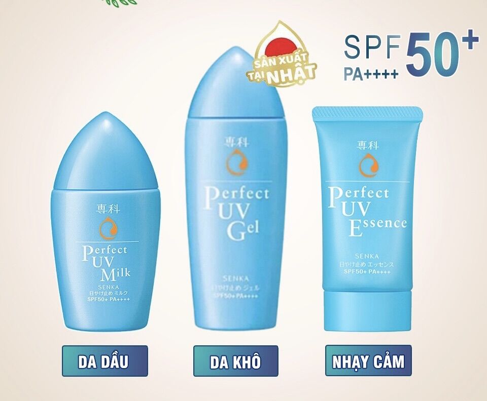 Kem chống nắng senka perfect uv dạng sữa 40ml & gel 80ml & essence 50g