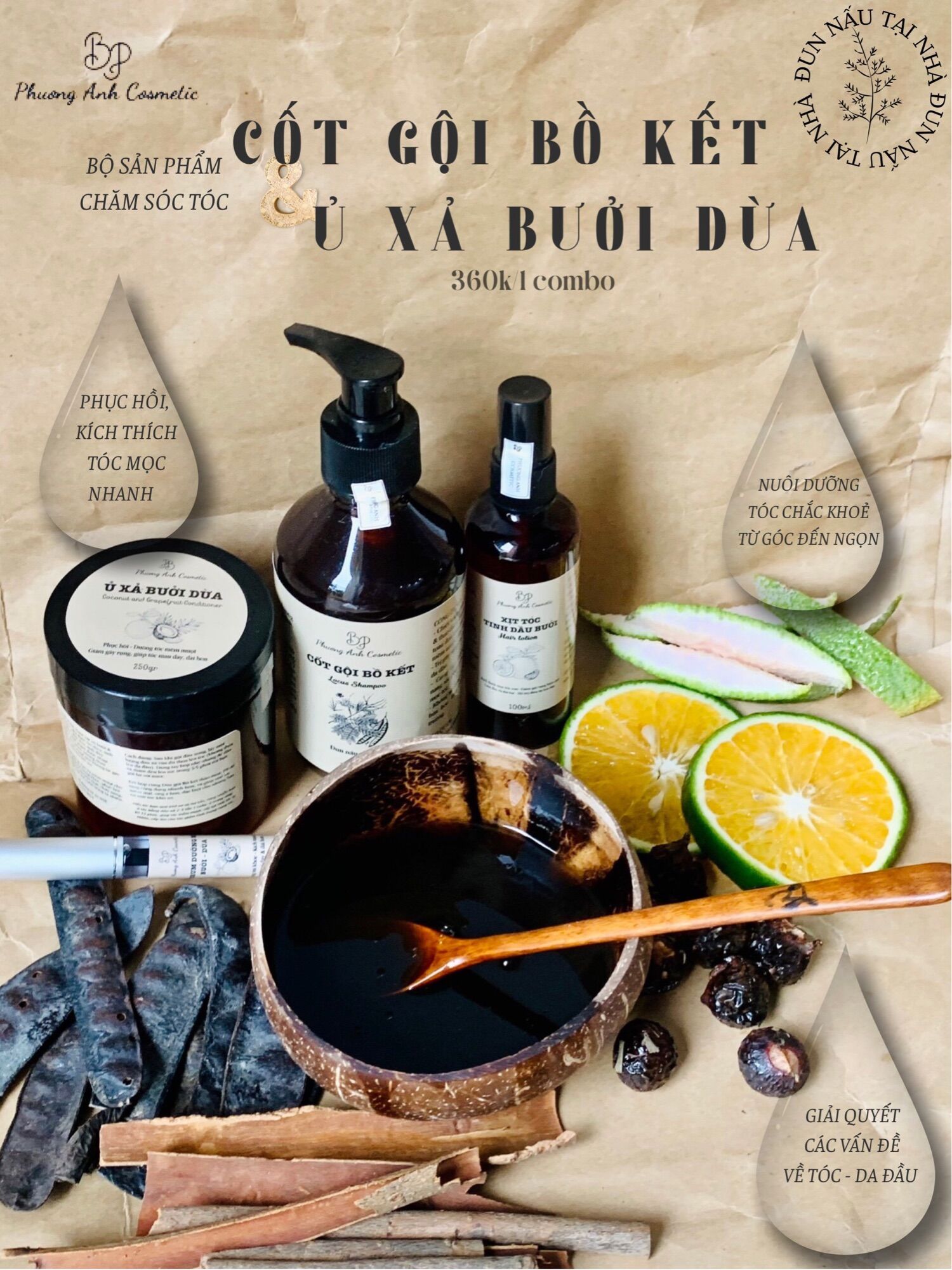 Combo cốt gội bồ kết và ủ xả bưởi dừa Tặng tinh dầu bưởi kích mọc tóc con