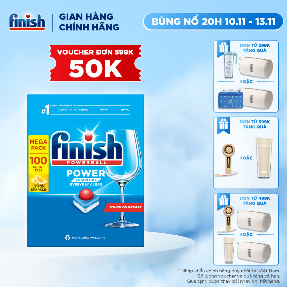 Viên Rửa Chén Bát Hương Chanh Finish Powerball Power Essential Lemon Sparkle - Hộp 100 viên siêu tiế