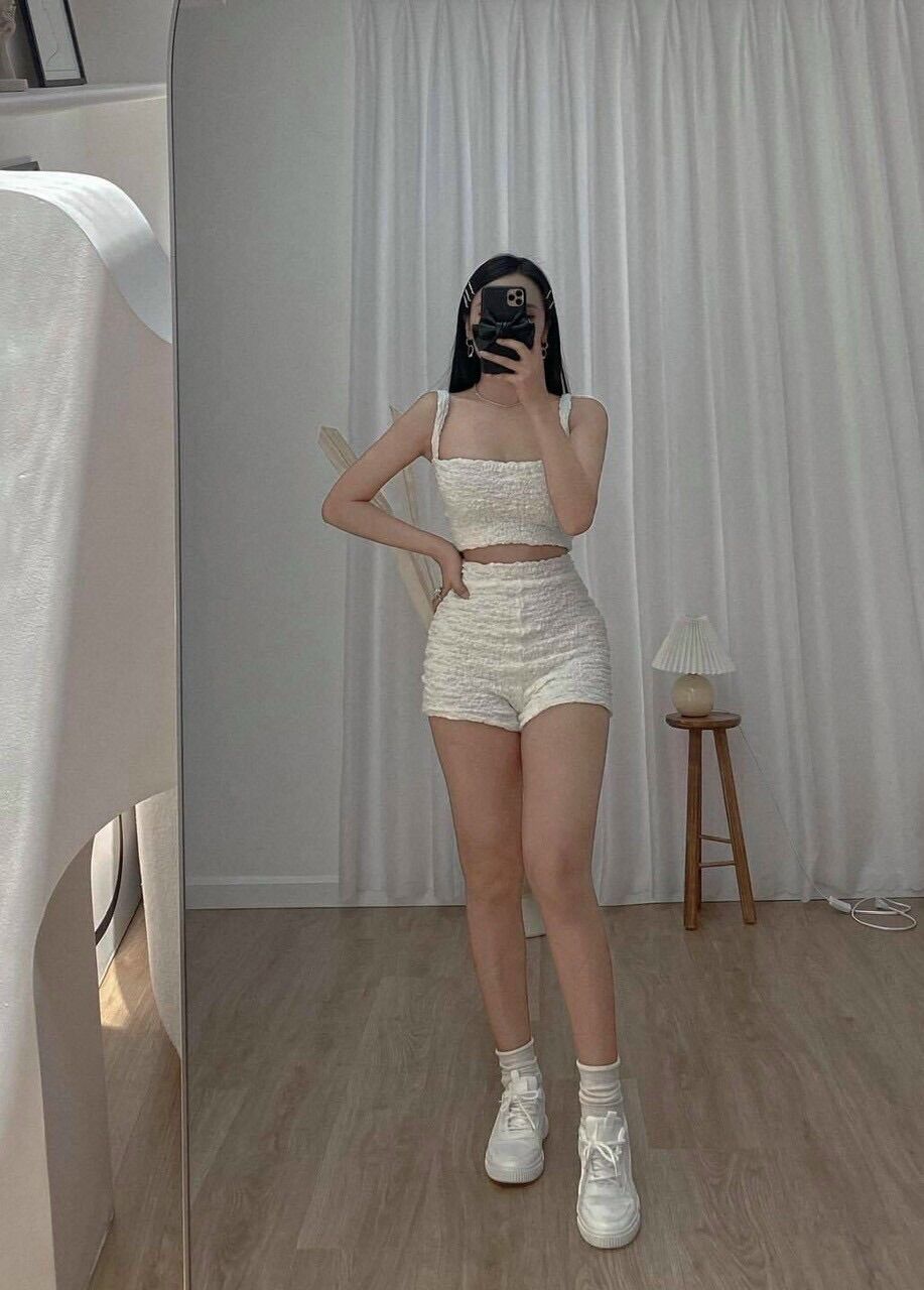 Set bộ thun xốp áo 2 dây quần đùi ôm body