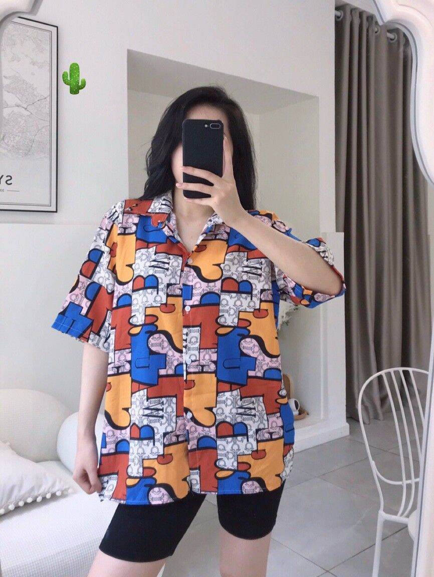 Áo sơ mi hoạ tiết áo sơ mi tay ngắn cổ bẻ form 55kg