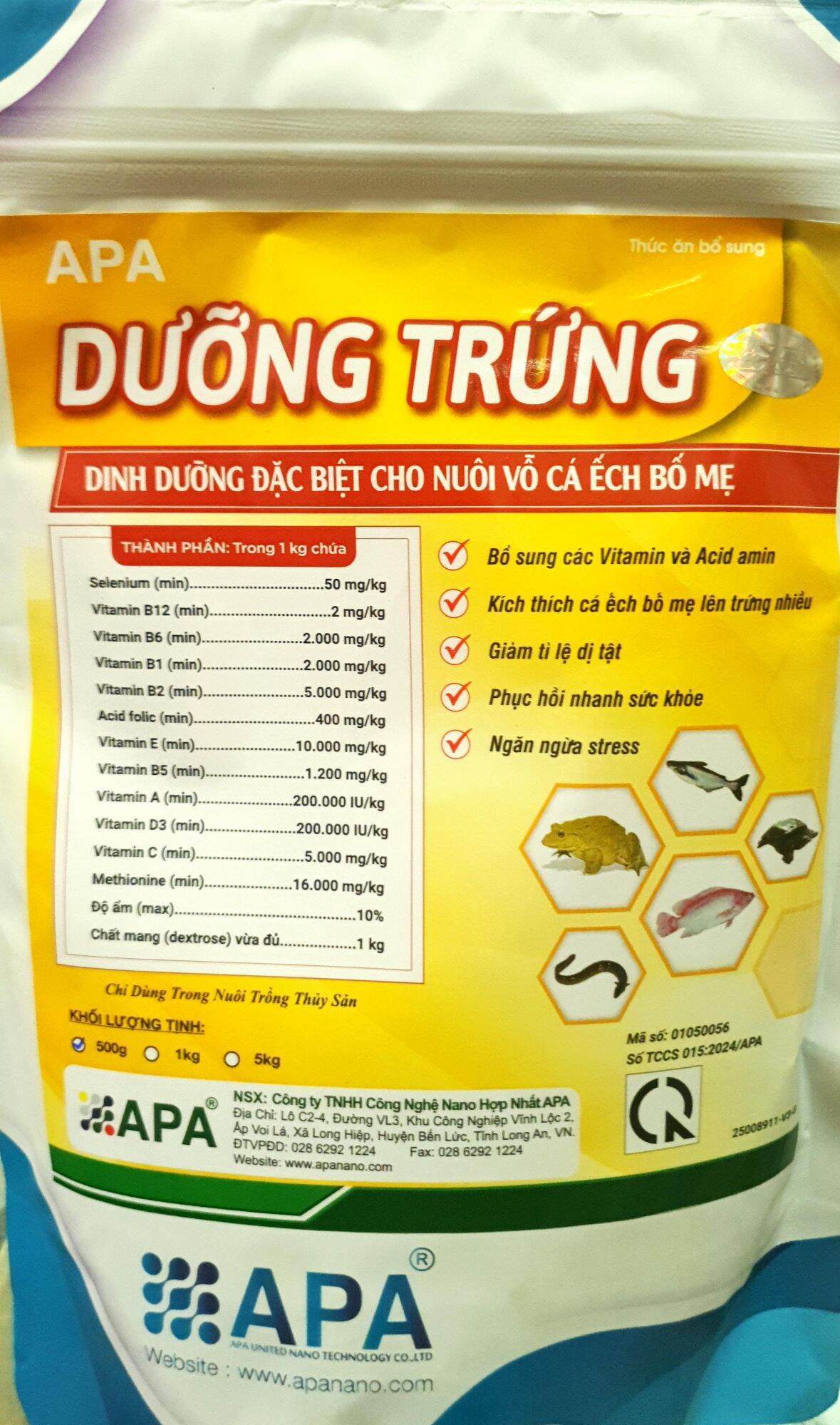 APA DƯỠNG TRỨNG (500gr) - Dinh dưỡng đặc biệt cho nuôi vỗ cá, ếch bố mẹ. Kích thích lên trứng nhiều, giảm tỉ lệ dị tật, phục hồi sức khỏe, chống stress