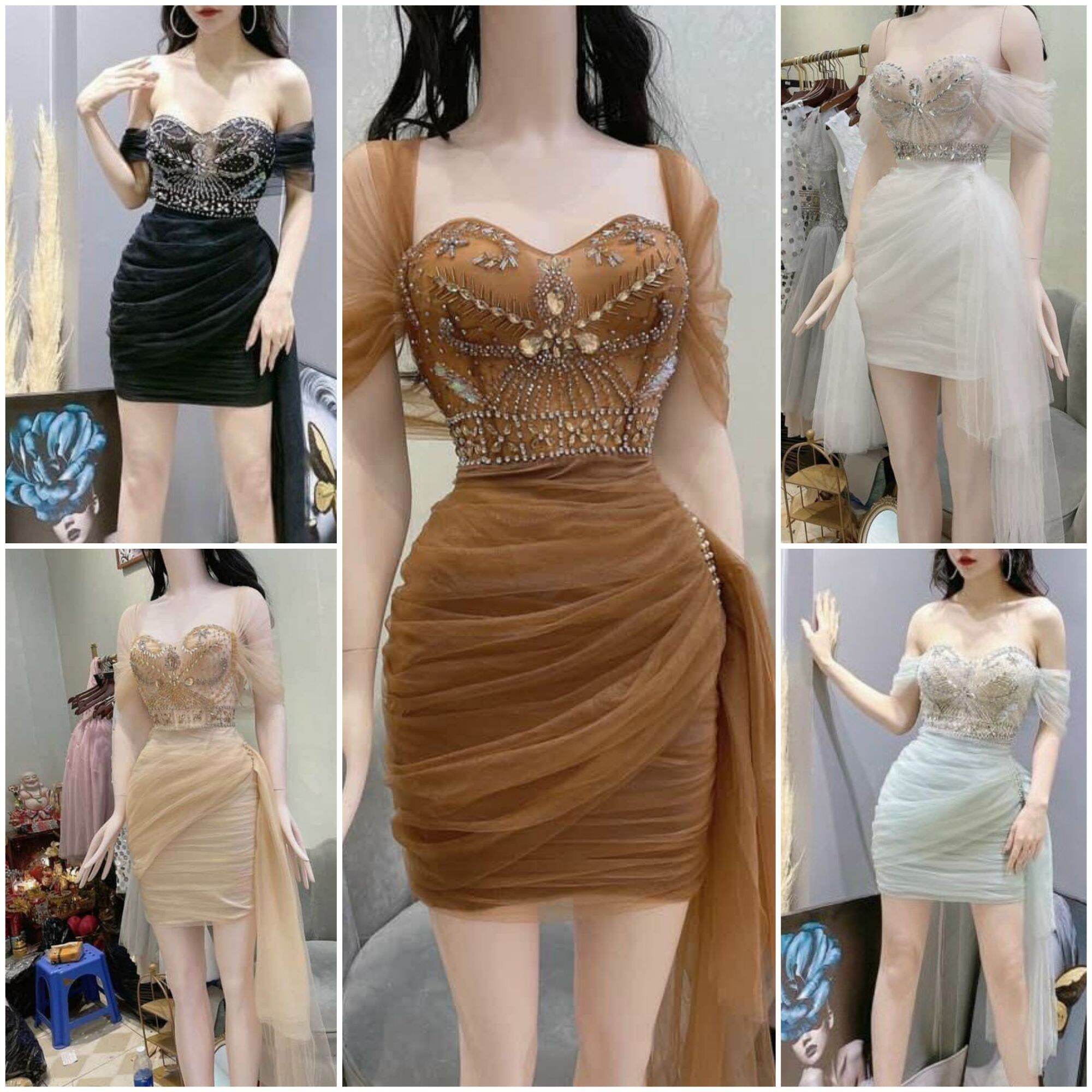 Đầm váy dự tiệc body rớt vai phối tà lưới kết hạt sang chảnh