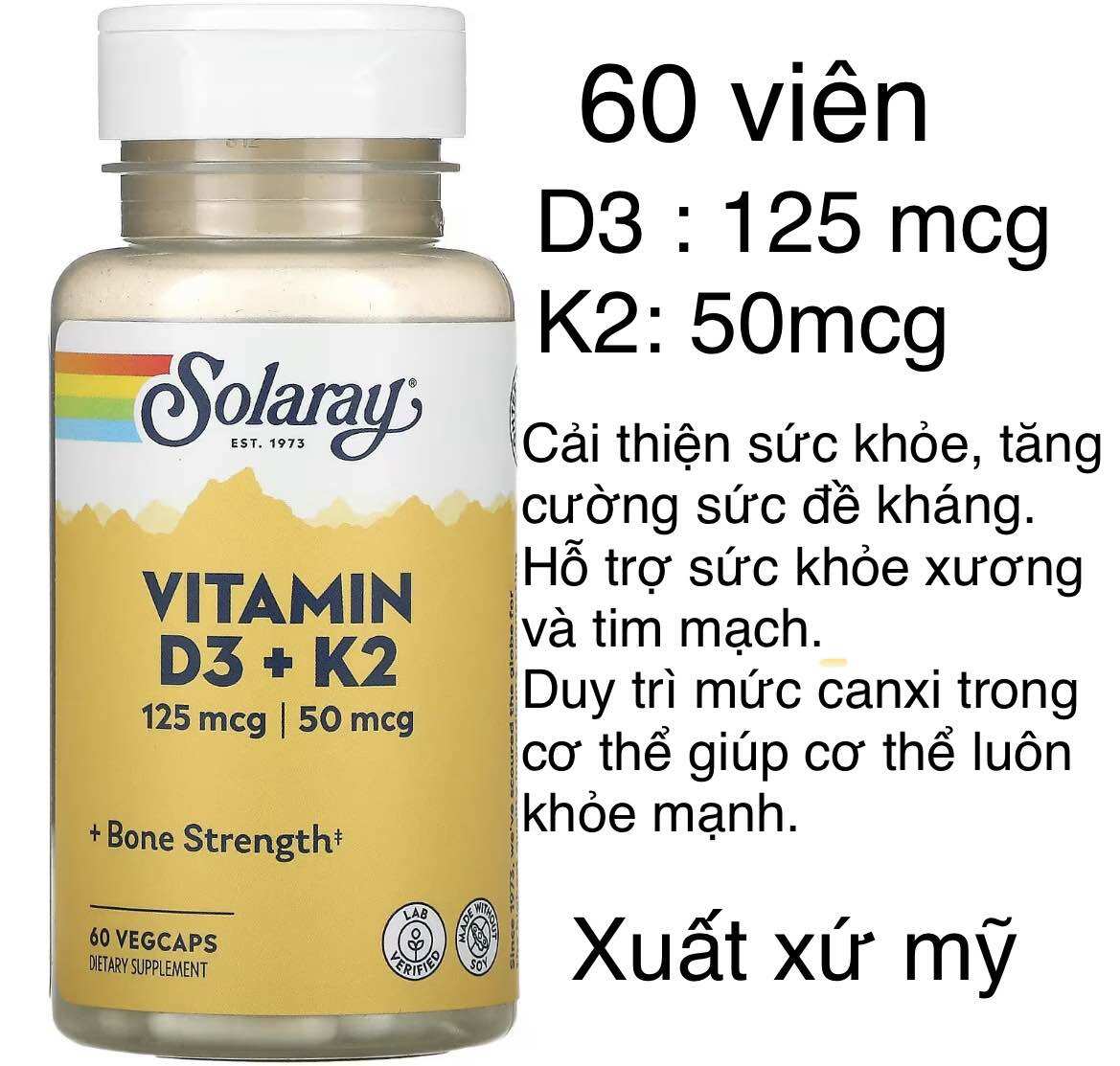 Vitamin D3+ K2 Solaray giúp bổ sung vitamin cho cơ thể