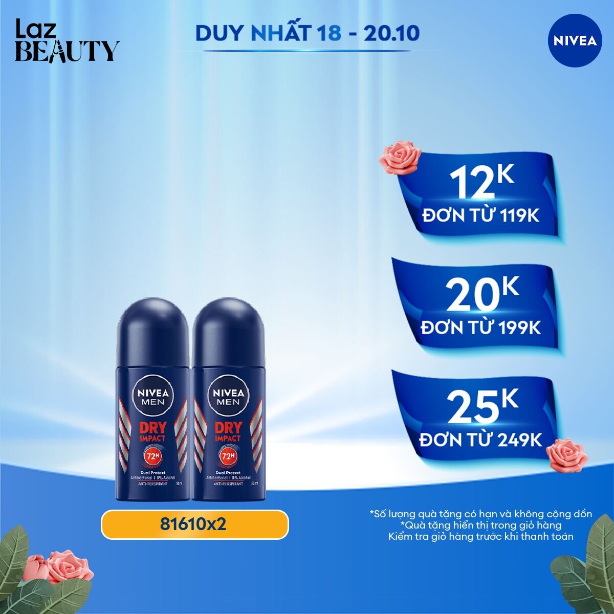 Bộ 2 Lăn Ngăn Mùi NIVEA MEN Dry Impact Khô Thoáng 72H (50 ml) - 81610x2