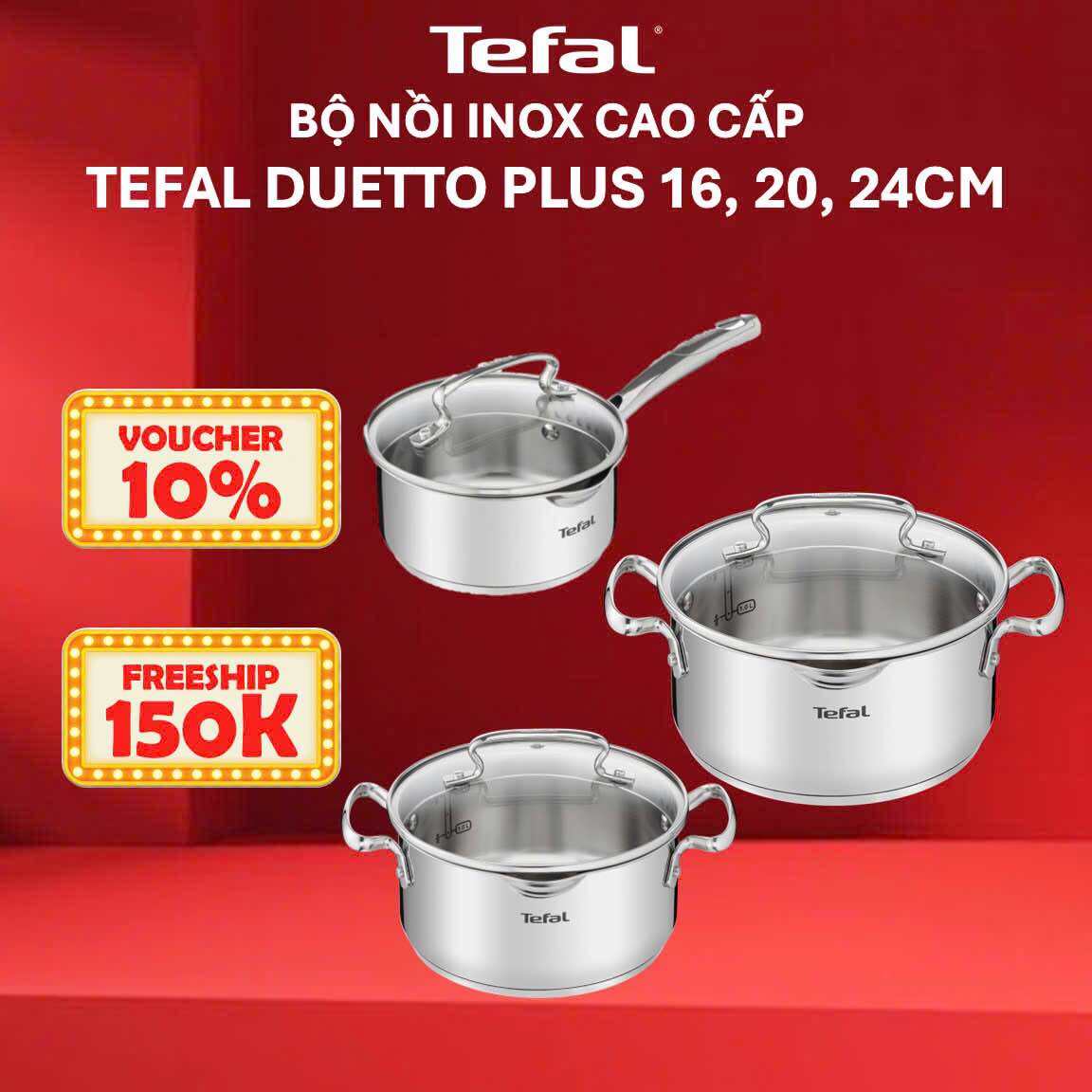 Bộ 3 nồi inox cao cấp Tefal Duetto Plus (Nồi cán dài 16cm - 1.4L, Nồi 20cm - 2.8L, Nồi 24cm - 4.9L)