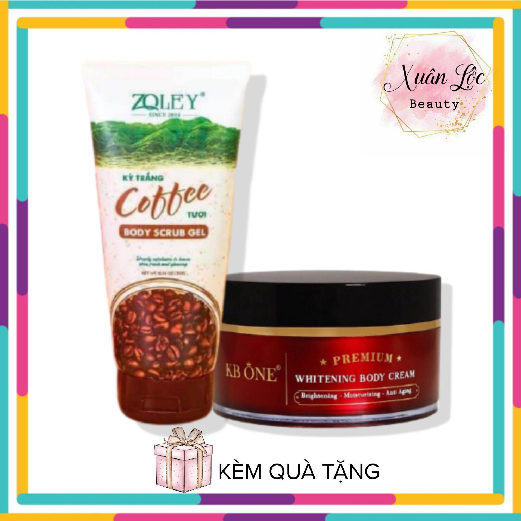 Combo kem body kbone sữa tuyết 200g & kì trắng body cà phê tươi zoley 300g dưỡng trắng da body