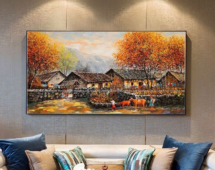 Tranh treo tường trang trí phòng khách thể loại tranh sơn dầu vẽ tay kích thước 60*120 kèm khung và móc treo .