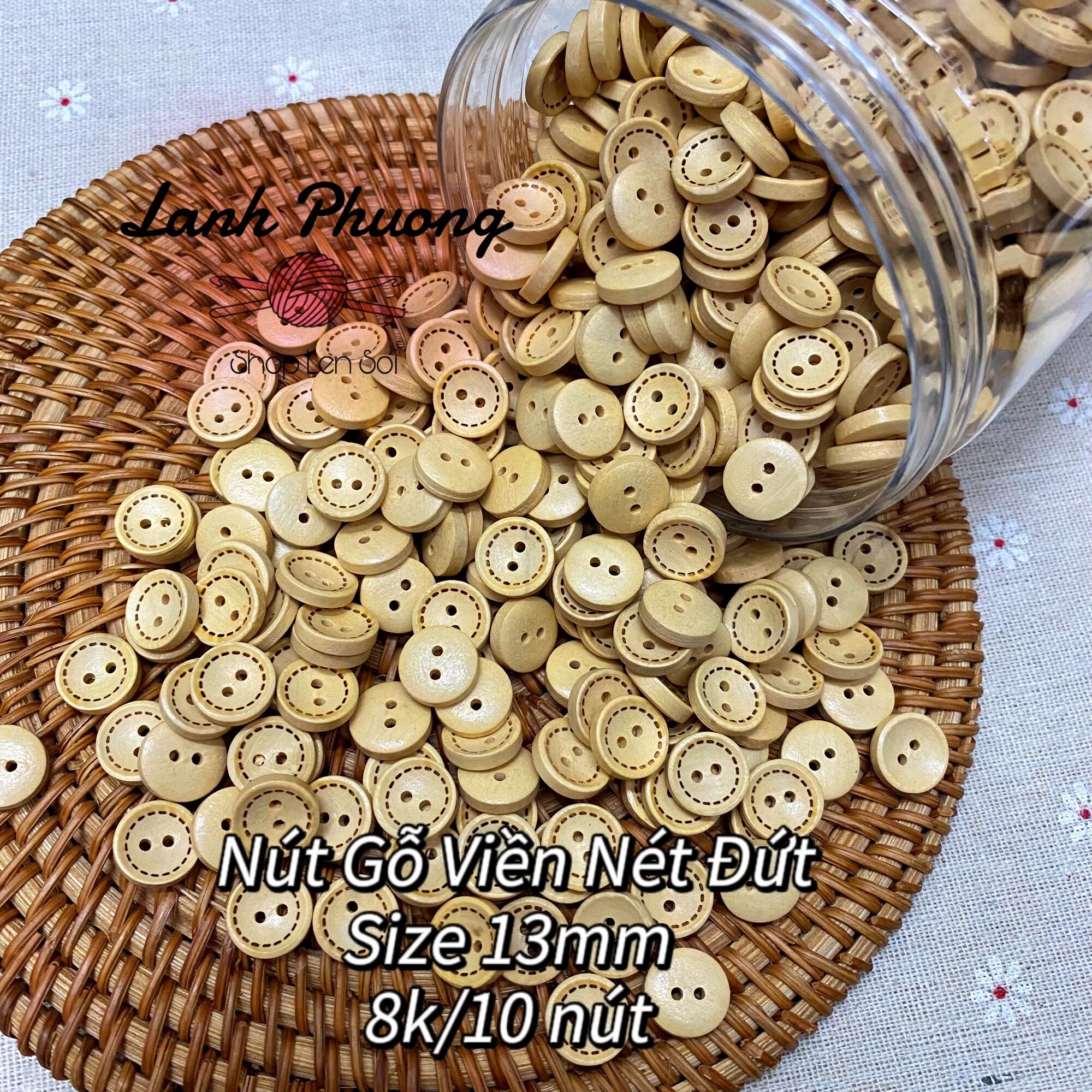 Nút Gỗ Viền Nét Đứt Vàng Sáng (set 10 cái)