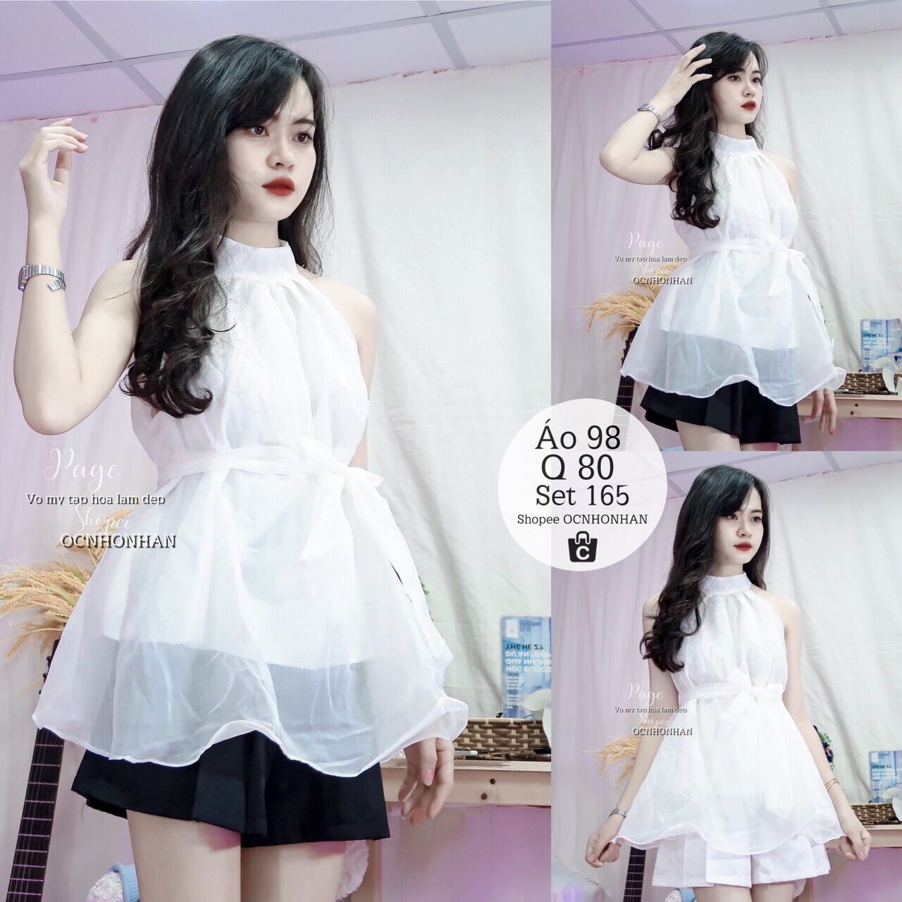 Set áo yếm kèm dây cột eo phối quần short xếp ly