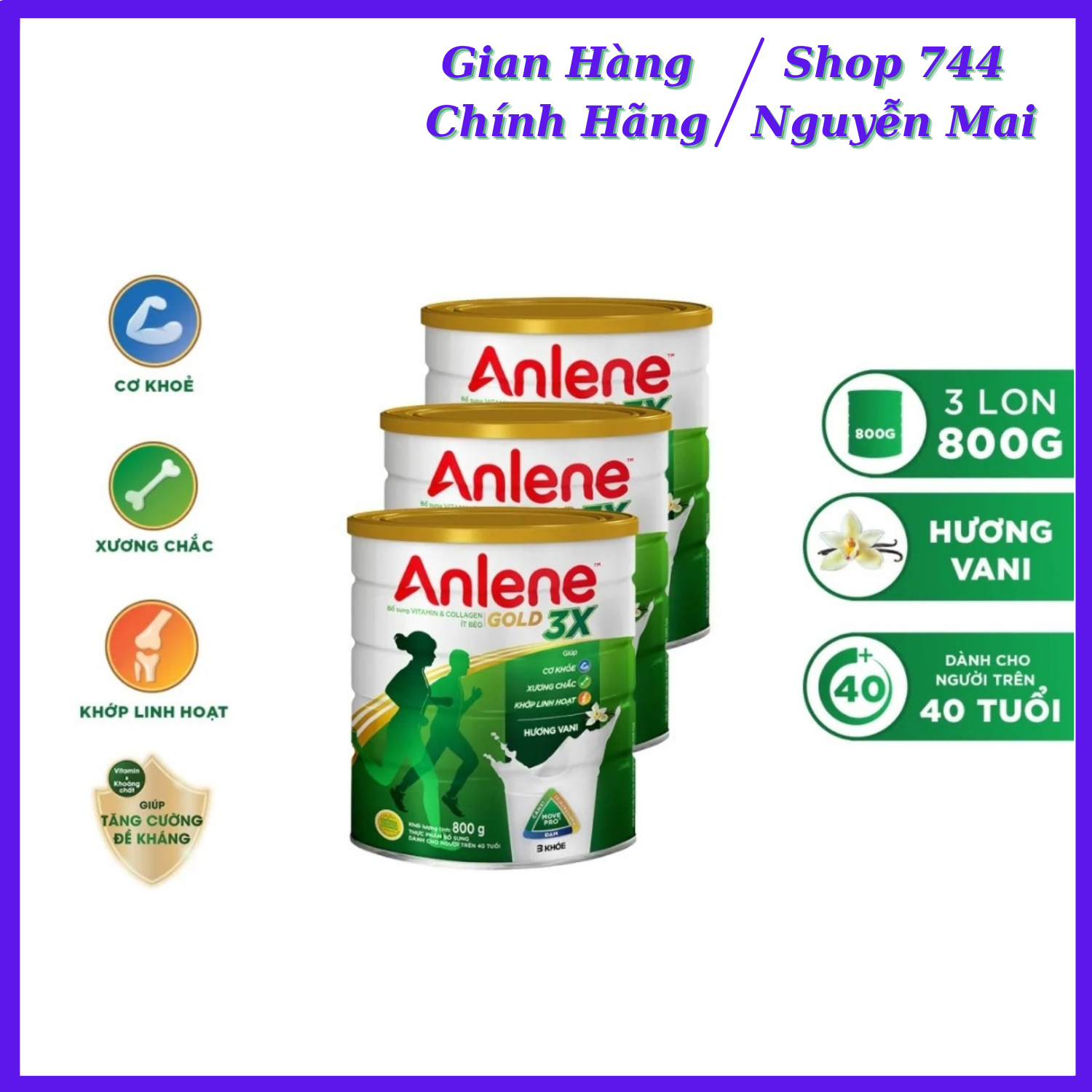 Combo 3 hộp sữa bột anlene gold 3x hương vani 800g