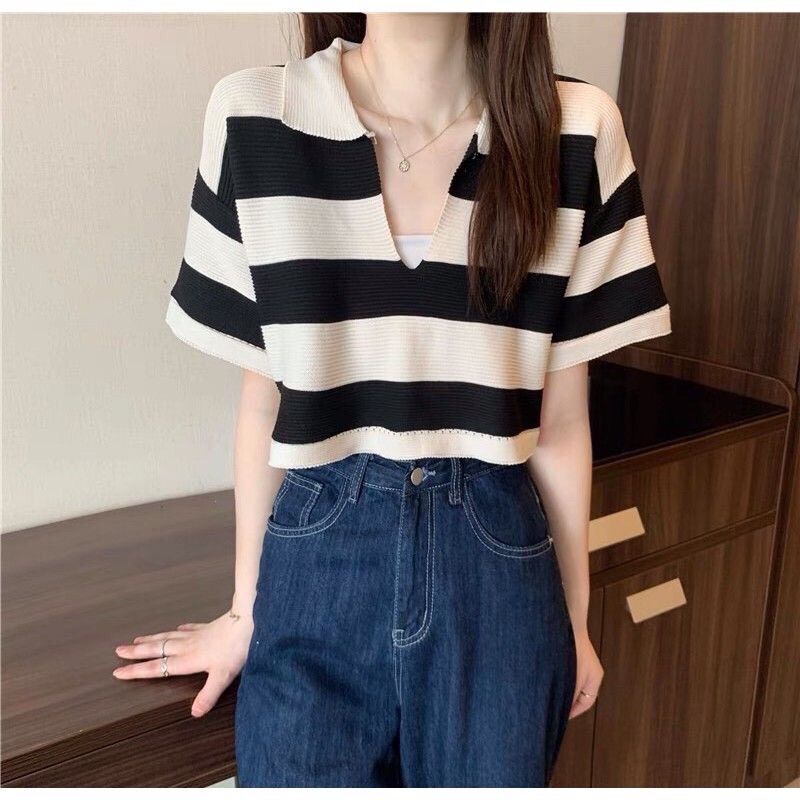 Áo len cộc tay crotop cổ bẻ sọc ngang