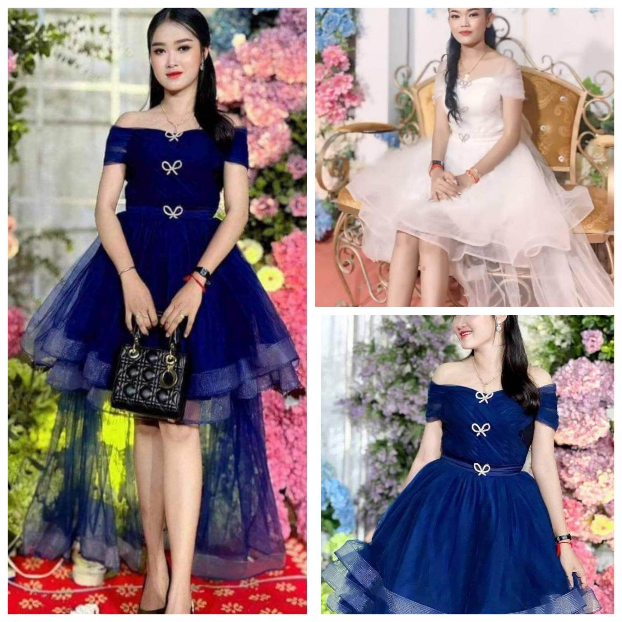 Đầm xòe trễ vai đuôi tôm dạ hội đính nơ đá siêu xinh, 2 màu xanh trắng