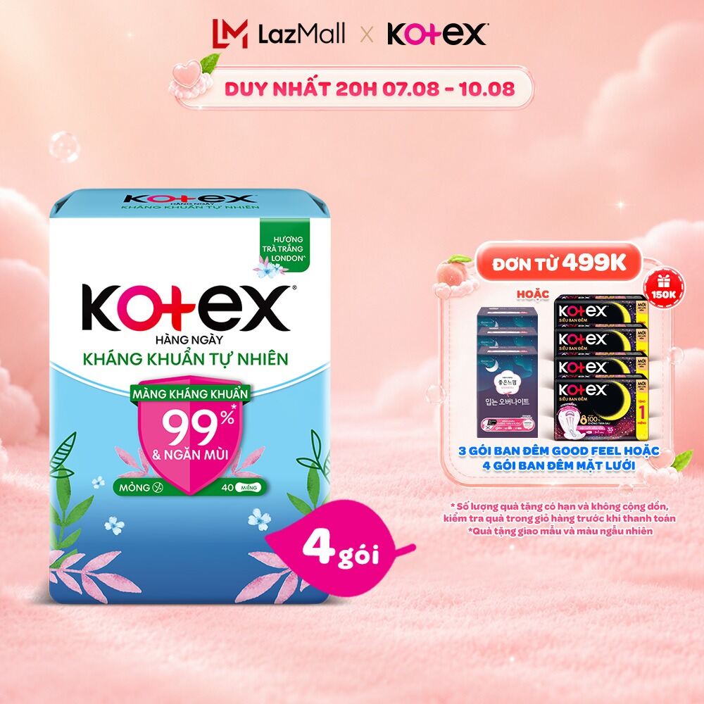 Combo 4/Combo 8 gói băng vệ sinh Kotex hằng ngày kháng khuẩn không cánh (40M/gói)