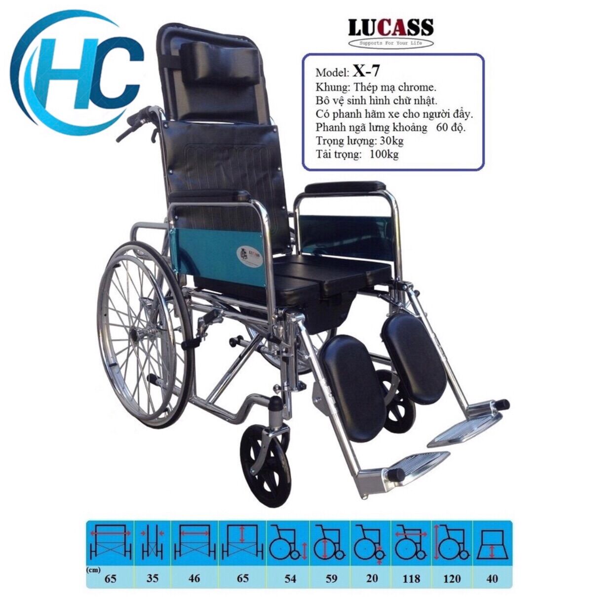 Xe lăn nằm đa năng, bô vuông, đệm simili, có thắng lucass x-7