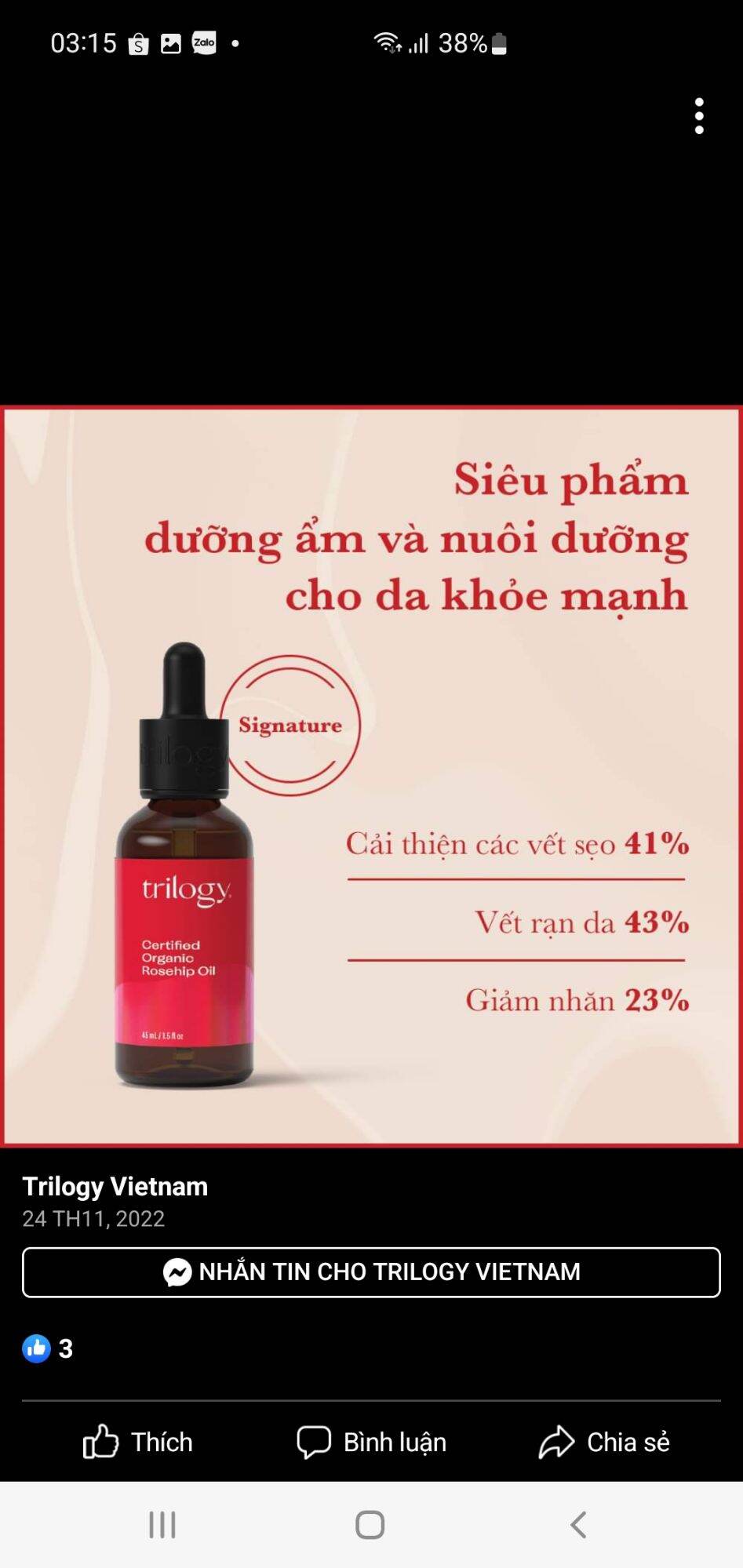 Tinh dầu nụ tầm xuân Trilogy Certified Organic Rosehip Oil 20ml /45ml