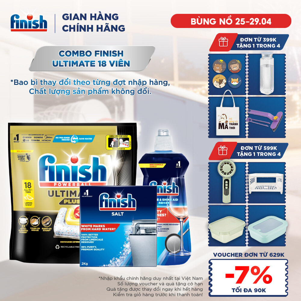Combo Viên Rửa Chén Bát Finish Powerball Ultimate Plus Intensive Lemon Sparkle 18 Viên + Nước làm bóng Finish 500ml + Muối rửa chén 2kg