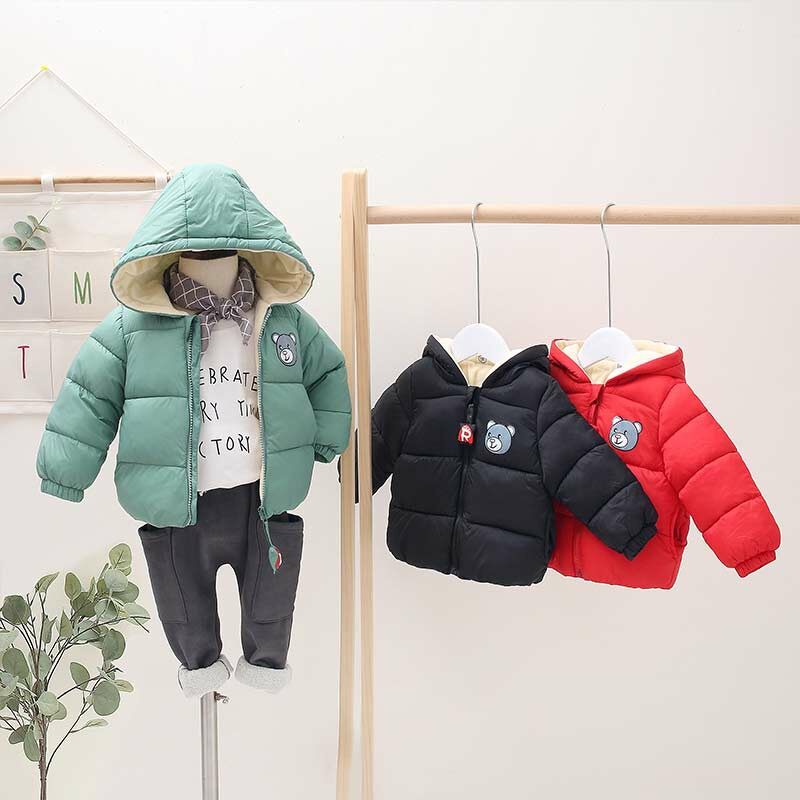 Áo phao gấu lót lông có mũ cho bé trai bé gái 7-19kg